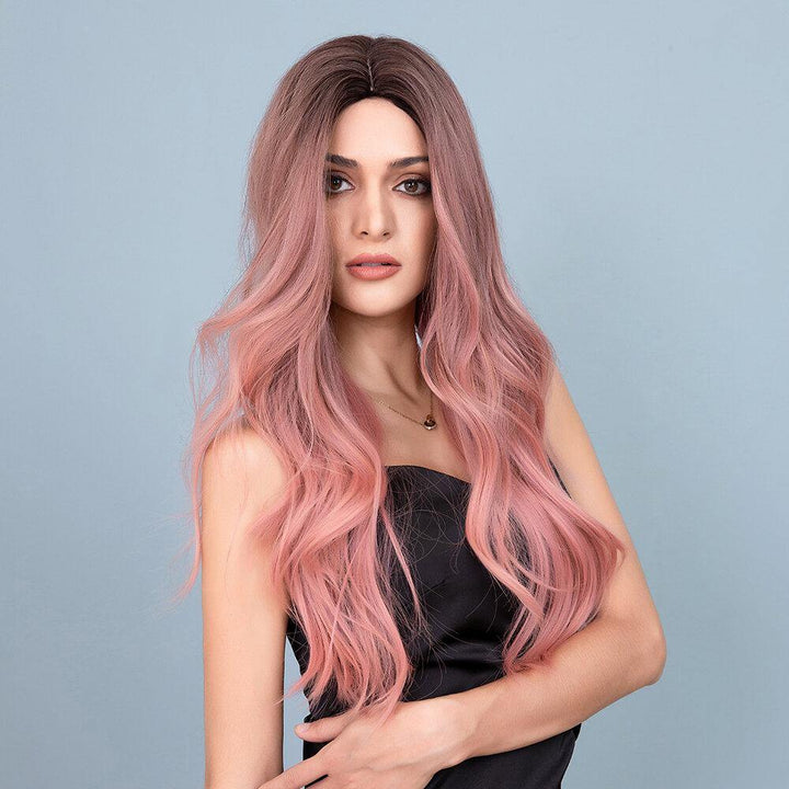 28 Inch Brown Gradient Pink Long Curly Hair Soft High Temperature Fiber Full Head Cover Wig - Trendha