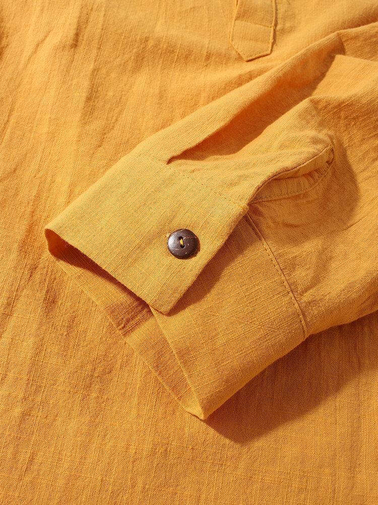 Mens Cotton & Linen Long Sleeve Simple Henley Shirts - Trendha
