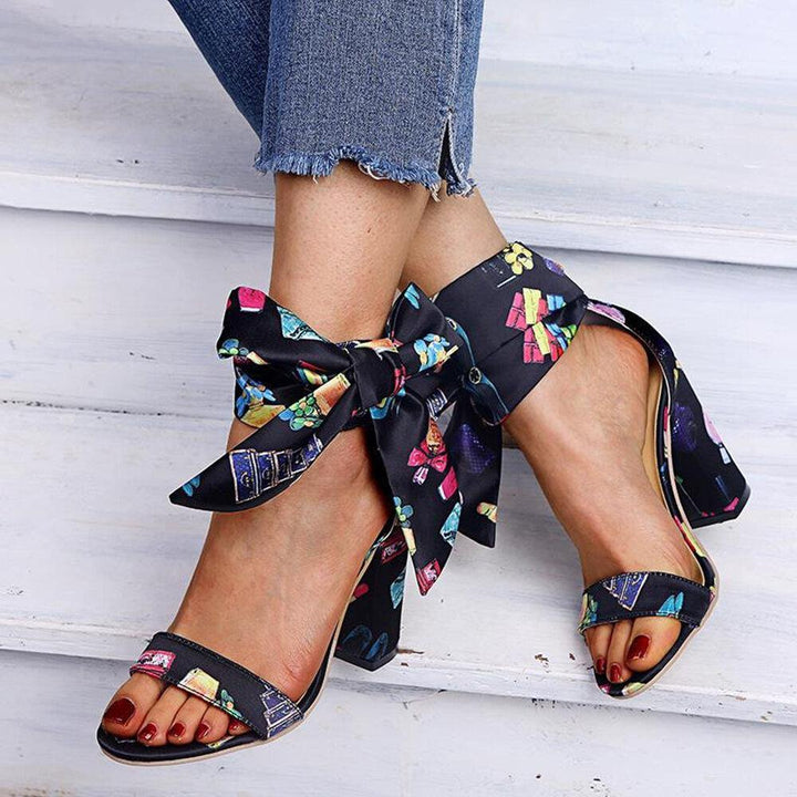 Women Opened Toe Lace Up Chunky Heels Shoes - Trendha