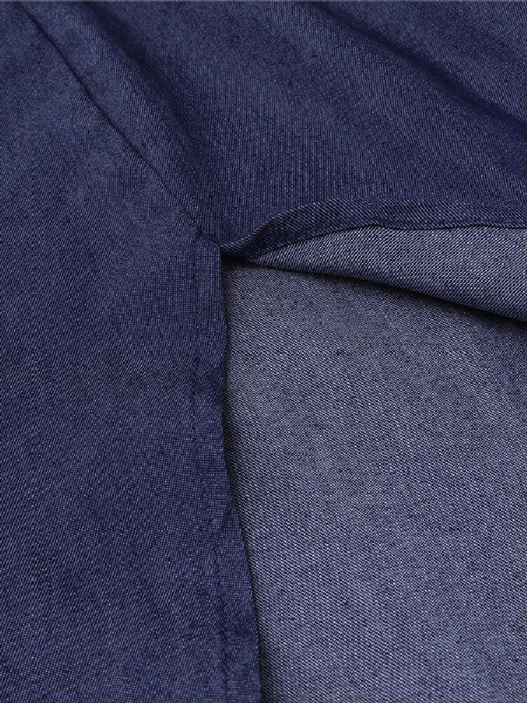 Casual Loose Button Front Irregular Split Hem Denim Maxi Shirt Dress with Front Pockets - Trendha