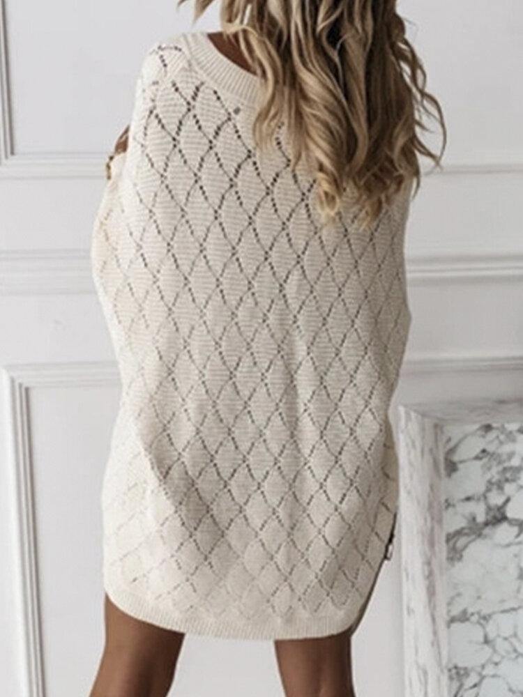 Women V-Neck Solid Color Hollow Out Dolman Sleeeve Knit Sweaters - Trendha