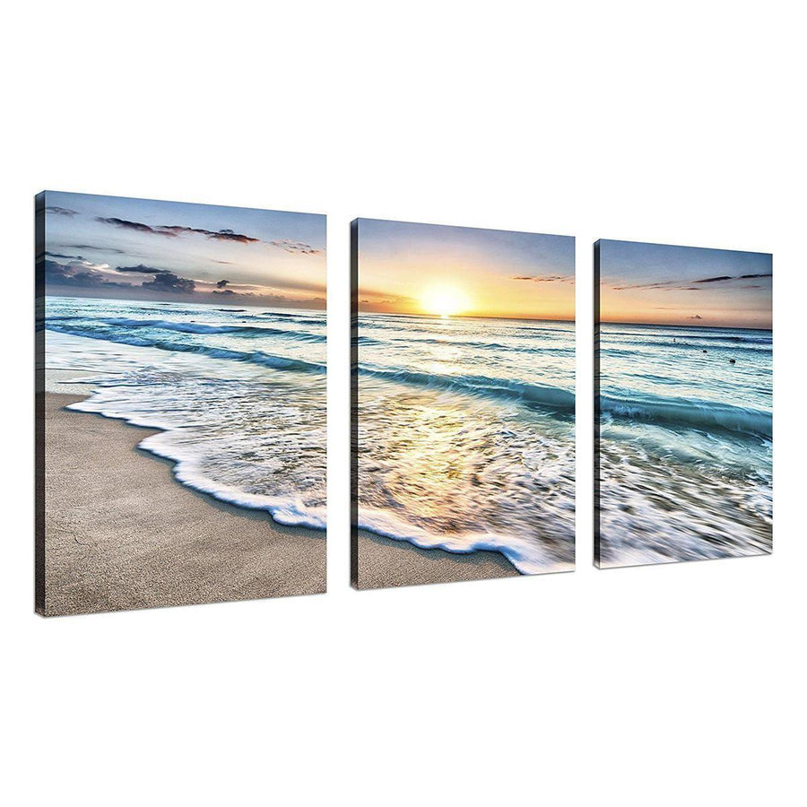 Beach Canvas Wall Art Sunset Sand Ocean Sea Wave 3 Panel Home Picture Decor Paintings - Trendha