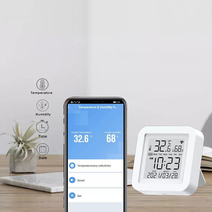 Tuya WIFI Temperature Humidity Smart Sensor Clock Digital Display Remote Control Thermometer Support Alexa Google Assistant - Trendha