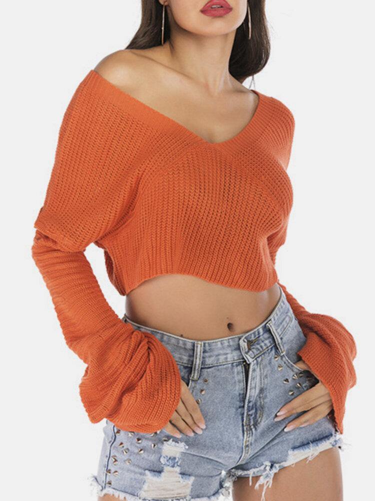 Women Solid V-Neck OffShoulder Stylish Loose Crop Knitted Sweater - Trendha