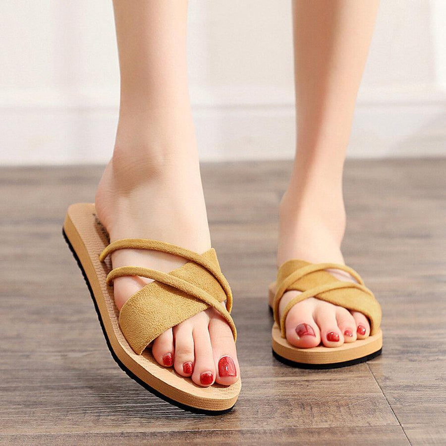 Women Crossing Band Solid Color Soft Sole Flats Slippers - Trendha