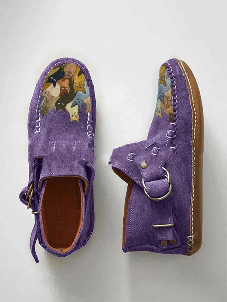 Winter New Female Comfort Cartoon Cat Print Leather Button Casual Flat Ankle Boots - 6 Purple - Trendha