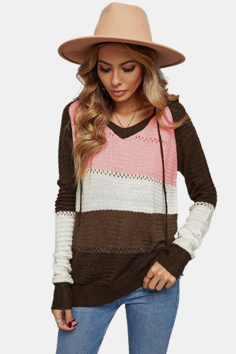 Color Striped Knitted Hoodie - Trendha
