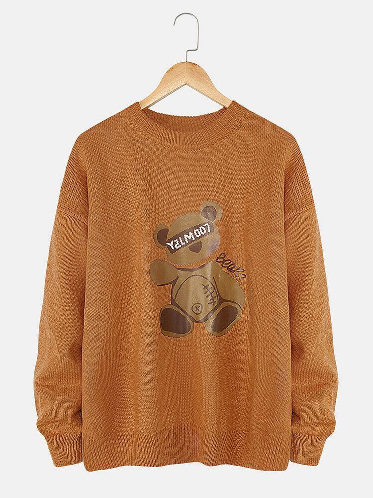 Mens Cartoon Bear Print Crew Neck Knit Casual Pullover Sweaters - Trendha