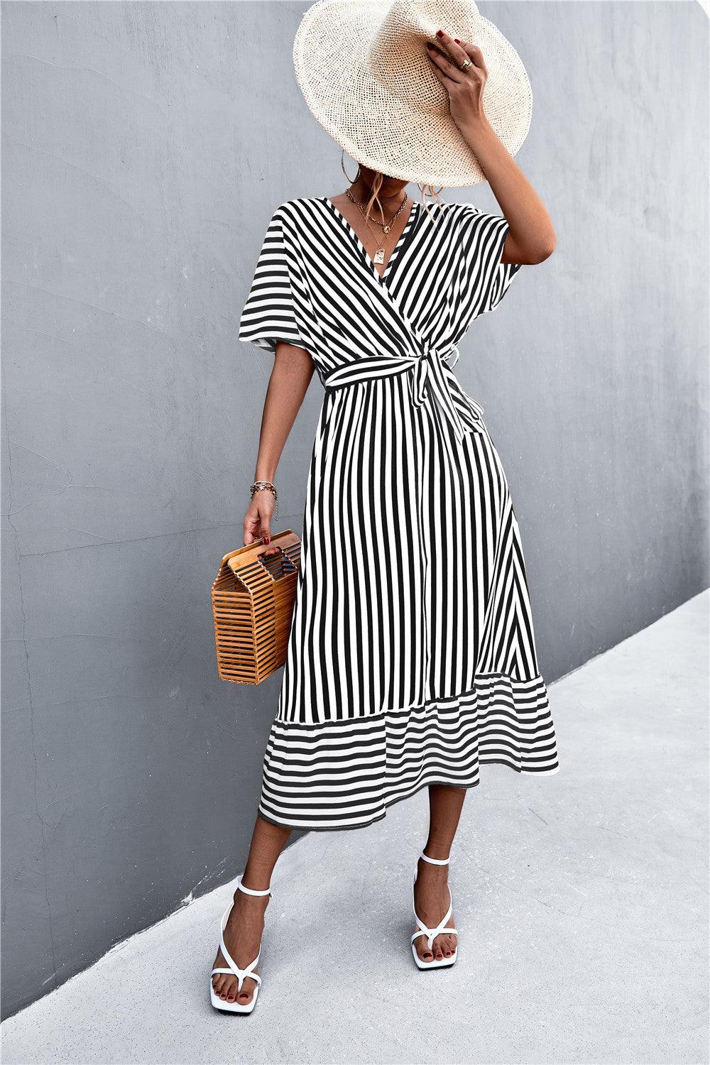 European And American Spring And Summer New Classic Hot Selling Product Cross V-neck Lace-up Striped Dress - Trendha