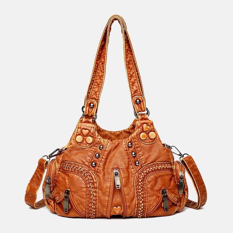 Women PU Leather Solid Color Large Capacity Retro Fashion Tote Handbags Crossbody Bags - Trendha