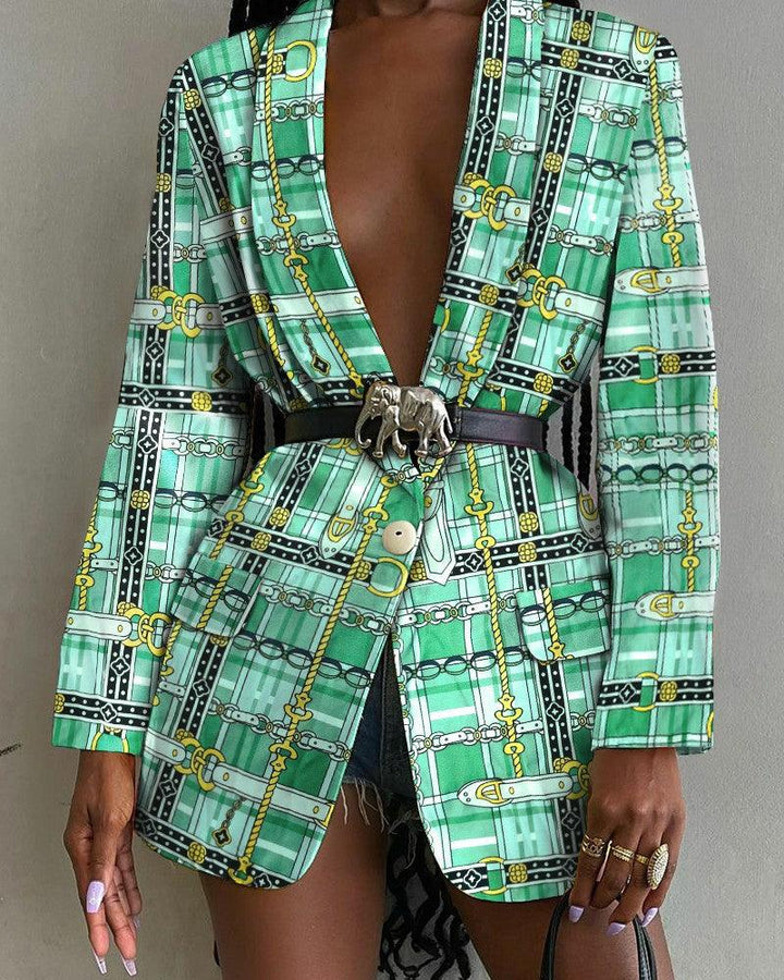 Fashion-Forward Printed Shawl Collar Single-Breasted Belted Blazer for Women - Trendha