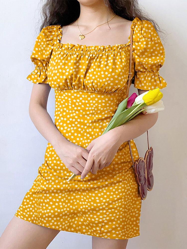 Floral Print Square Collar Pleating Short Sleeve Mini Dress - Trendha