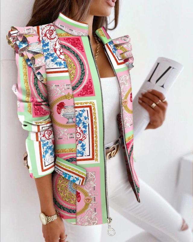 Stylish Check Leopard Print Zip Ruffle Shoulder Jacket for Women - Trendha