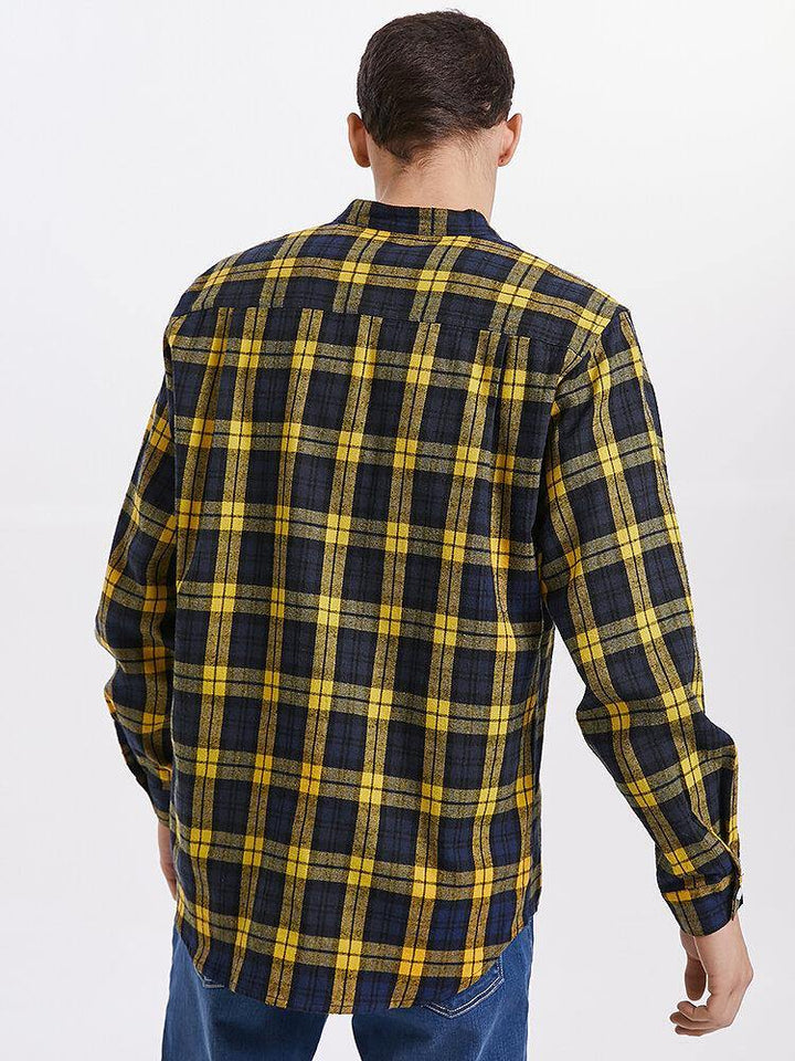 Mens Plaid Stand Collar High Low Cotton Long Sleeve Henley Shirts - Trendha