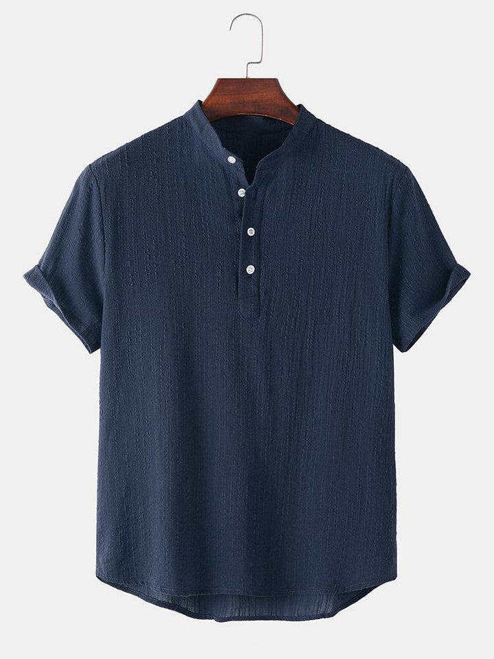 Mens Basic Solid Color Linen Short Sleeve Henley Shirt - Trendha