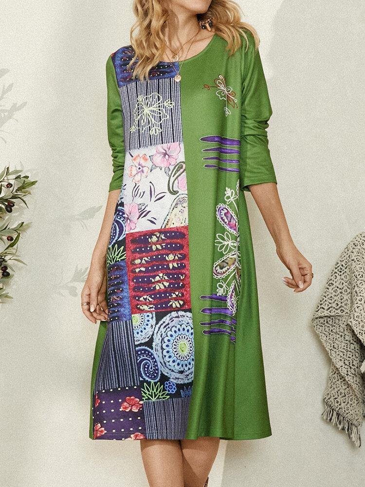 Ethnic Floral Print O-Neck Long Sleeve Vintage Midi Dress For Women - Trendha
