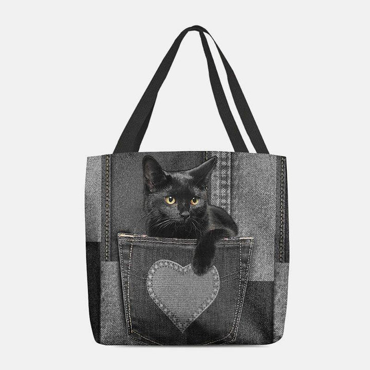 Women Felt Cute 3D Three-dimensional Black Cat Inside Jeans Pattern Shoulder Bag Handbag Tote - Trendha