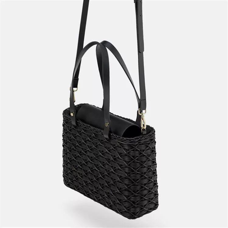 Ladies Straw Bag Black Beach Weave