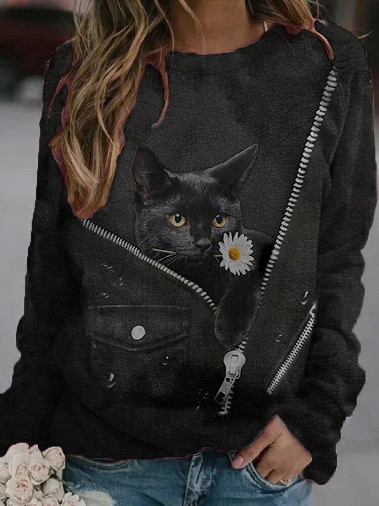 Women Cute Black Cat Daisy Print O-Neck Casual Long Sleeve Sweatshirts - Trendha