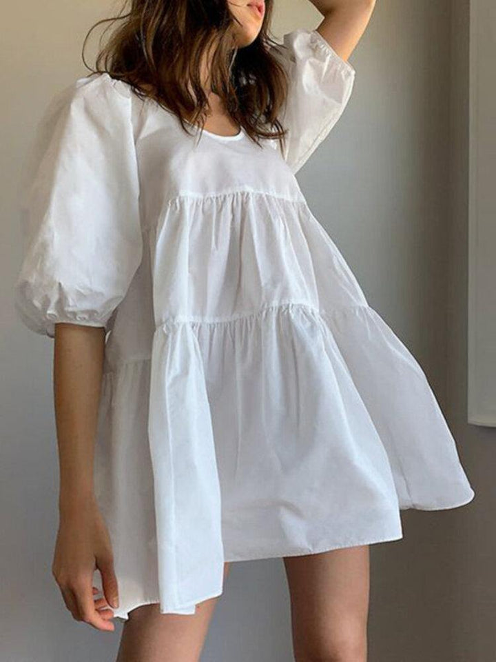 Women Puff Sleeve U-Neck Solid Color Short Sleeve Casual Tiered Dress - Trendha