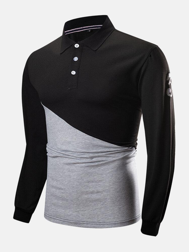 Mens Two Tone Stitching 100% Cotton Long Sleeve Casual Golf Shirts - Trendha