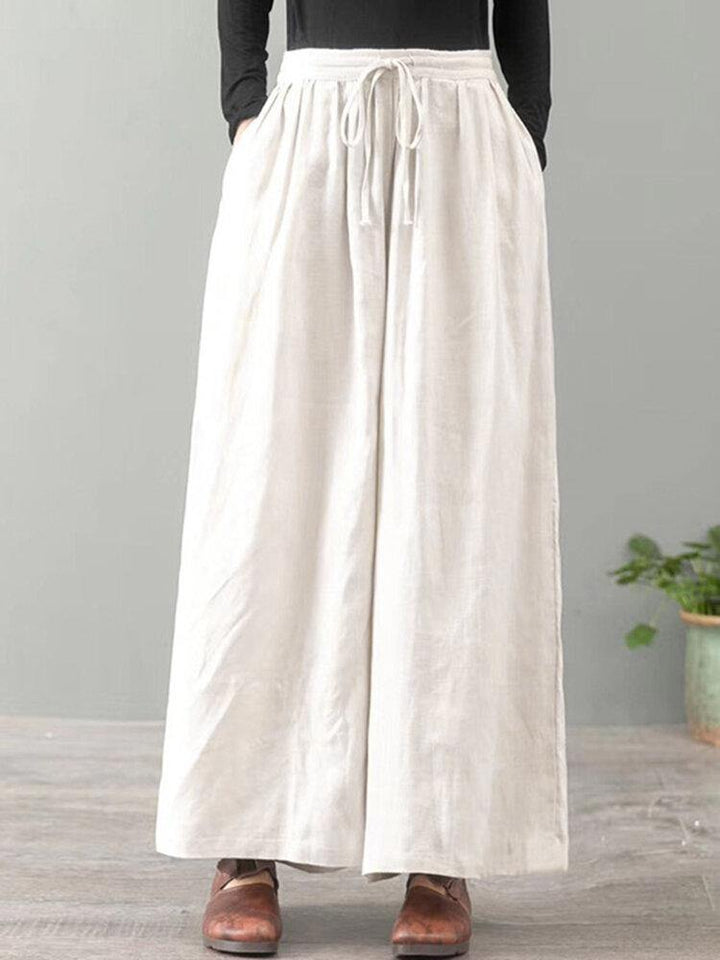 Women Casual Drawstring Waist Solid Color High Waist Wide Leg Pants With Pocket - Trendha