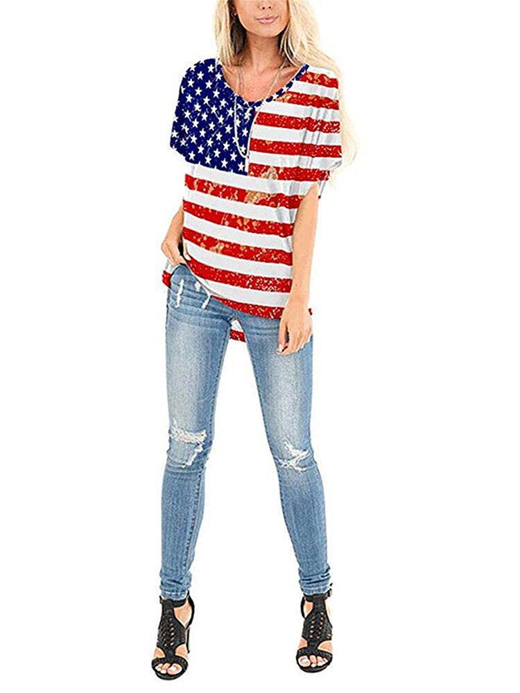 American Flag Star Print Independence Day Crew Neck Women Casual T-shirts For Women - Trendha