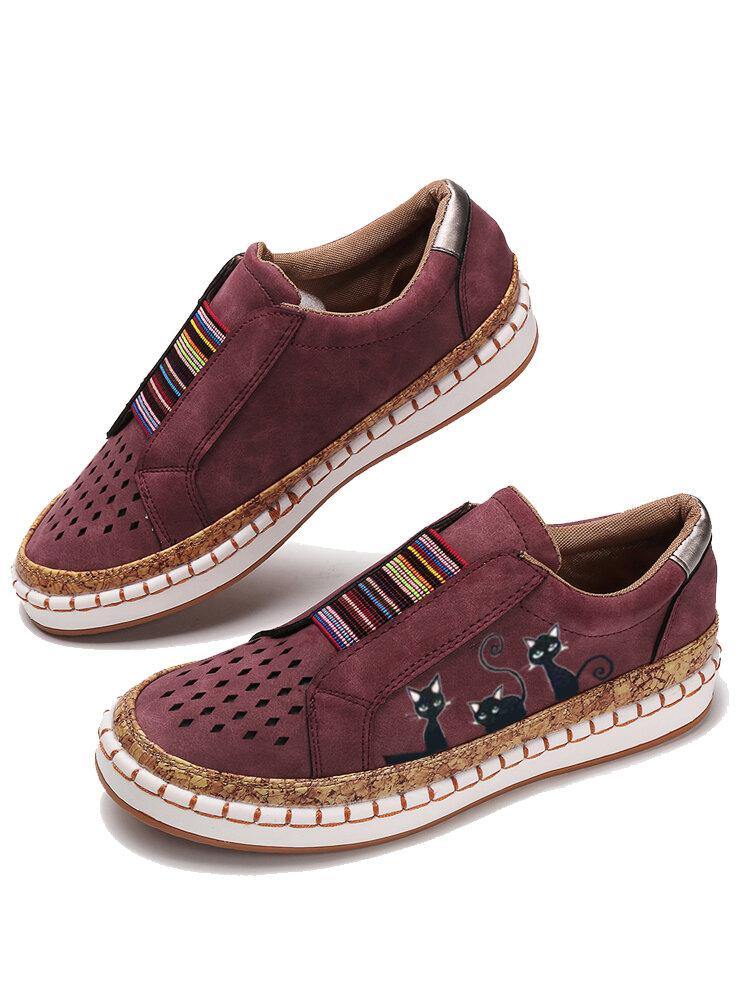 Women Large Size Cat Printing Hollow Out Elastic Band Casual Flats - Trendha
