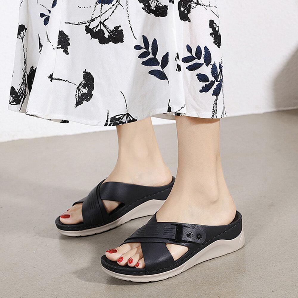 Women Solid Color Casual Hollow Out Comfortabel Wedges Heel Stripe Slippers - Trendha