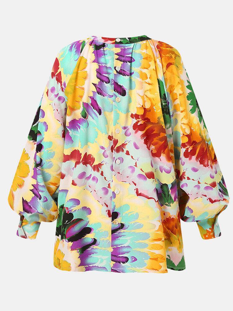 Women Colorful Flowers Printing Puff Sleeve Back Button Casual Blouse - Trendha