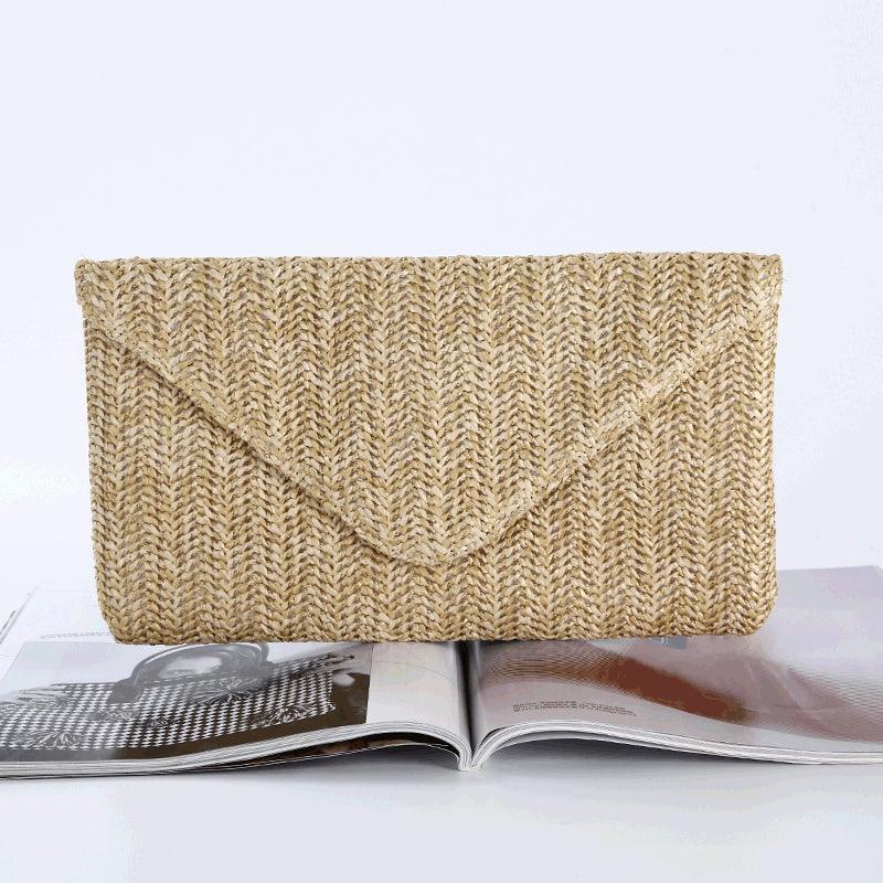 Brown Straw-Texture Envelope Evening Bag