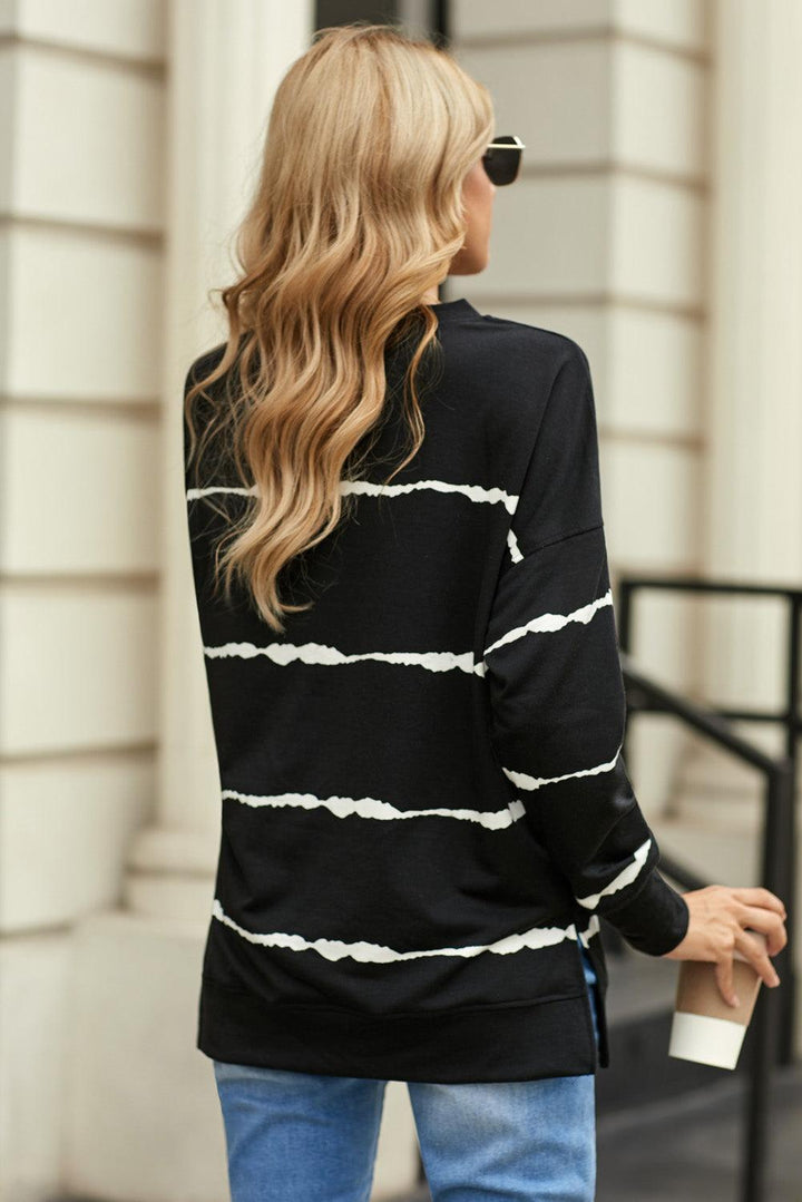 Striped Side Slit Round Neck Sweatshirt - Trendha