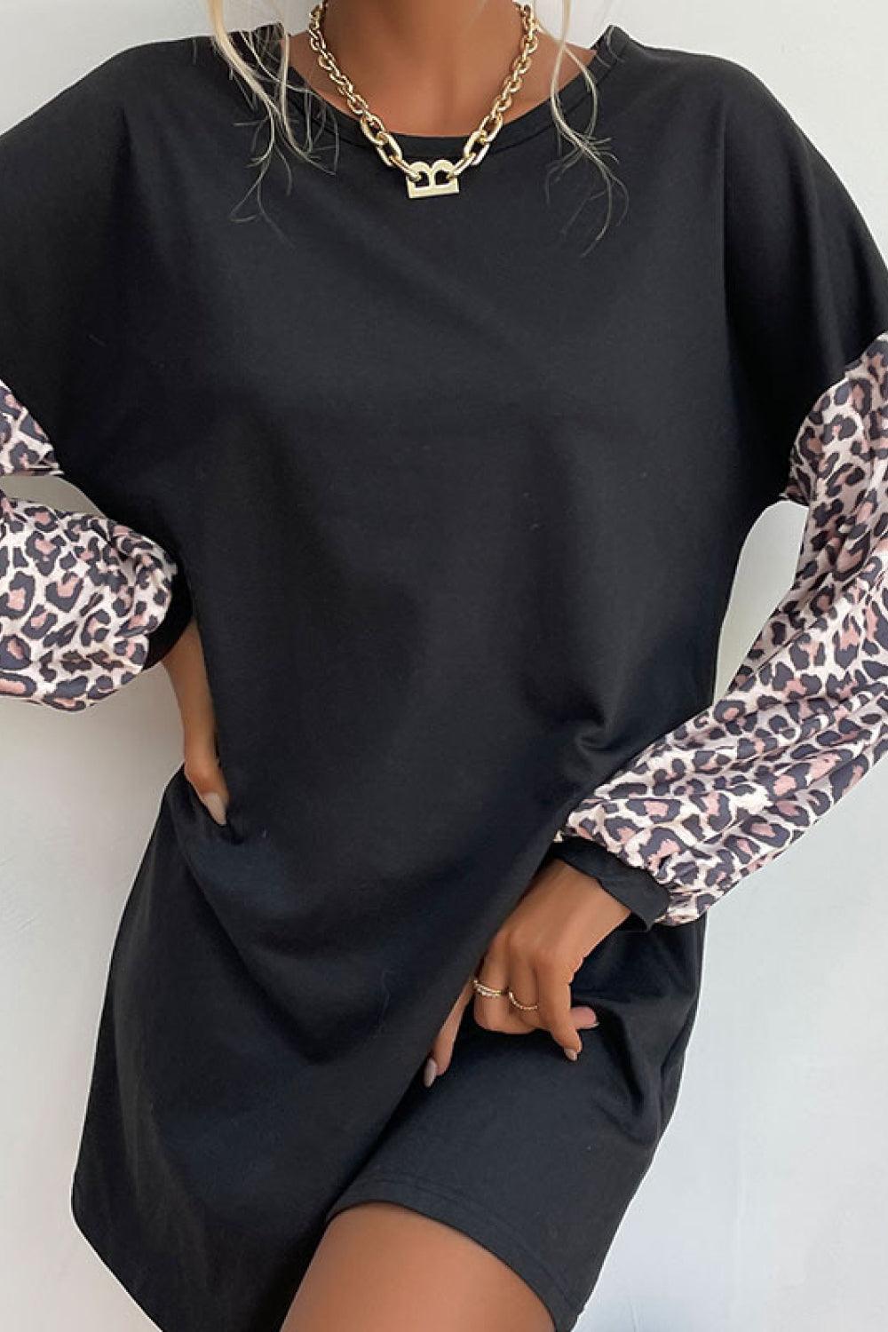 Leopard Print Sleeve Sweatshirt Dress - Trendha