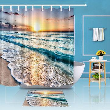 Ocean Beach Sunset Polyester Waterproof Bathroom Shower Curtain Mat Set Decor - Trendha