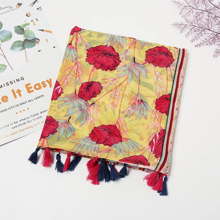 Women Cotton Colored Flower Pattern Scarf Bohemian Long Tassel Dual-Use Sunshade Warm Shawl - Trendha