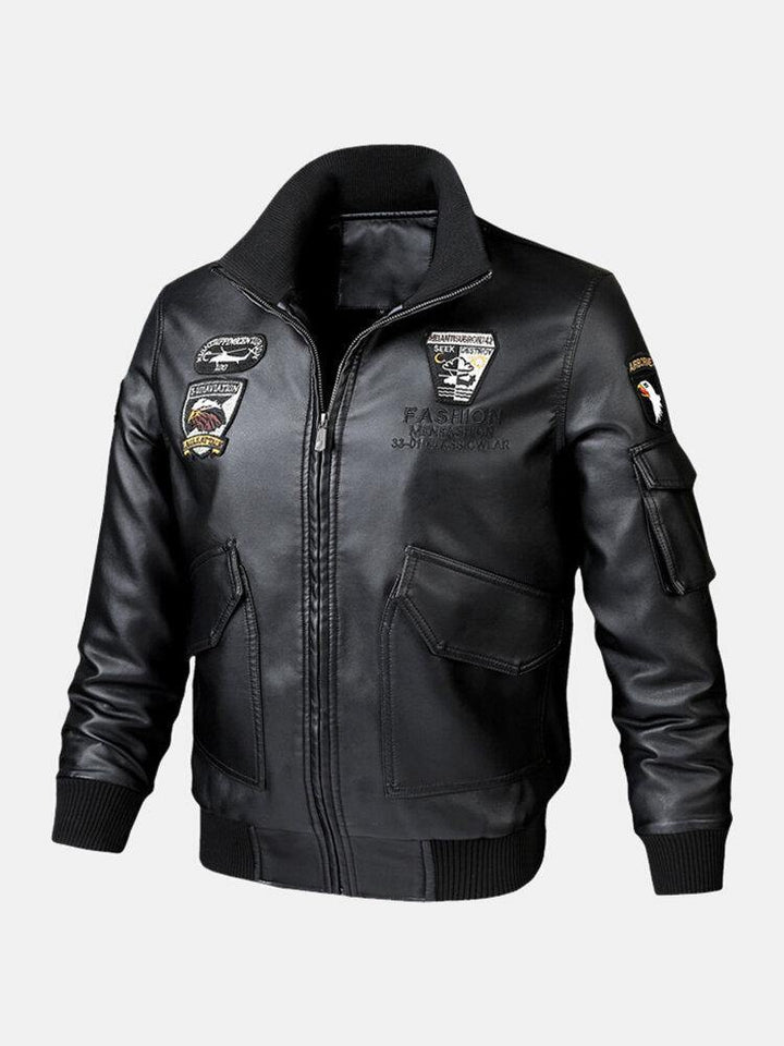Mens Embroidered Stand Collar Multi Pocket PU Leather Jacket - Trendha