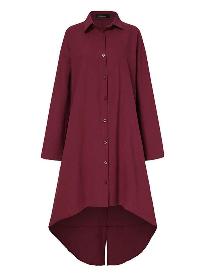 Women Solid Color Lapel Lack Slit Loose Shirt Dress - Trendha