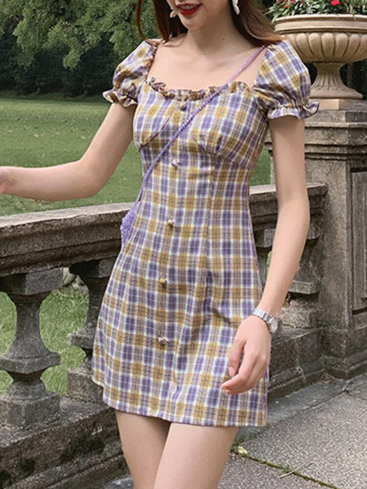 Puff Sleeve Ruffles Square Neck Summer Holiday Mini Dress For Women - Trendha