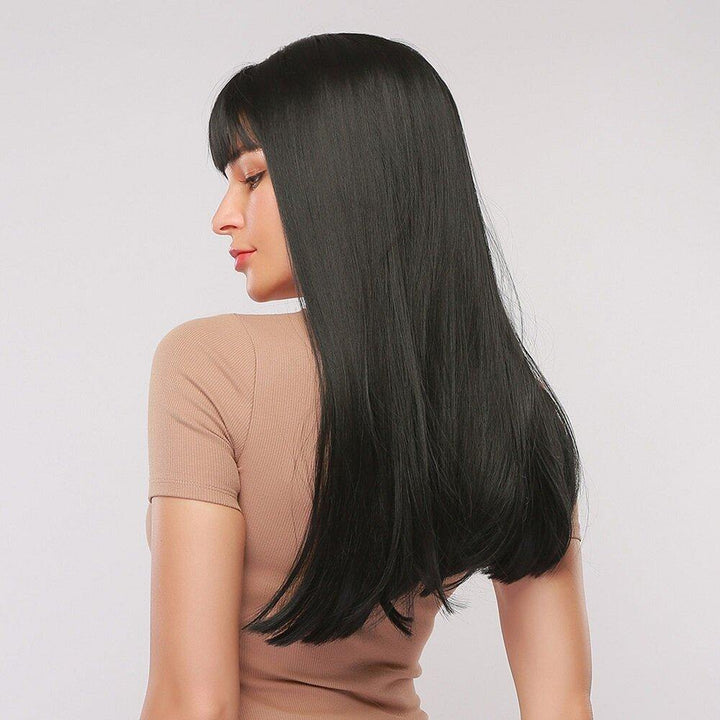 28 Inch Black Long Straight Hair Soft Natural Bangs Chemical Fiber Wig - Trendha