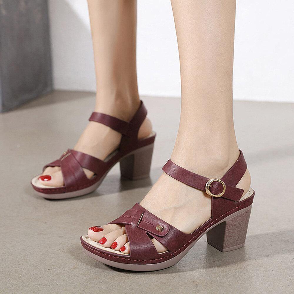 Women Casual Solid Color Stitching Hasp Chunky Heel Stripe Sandals - Trendha