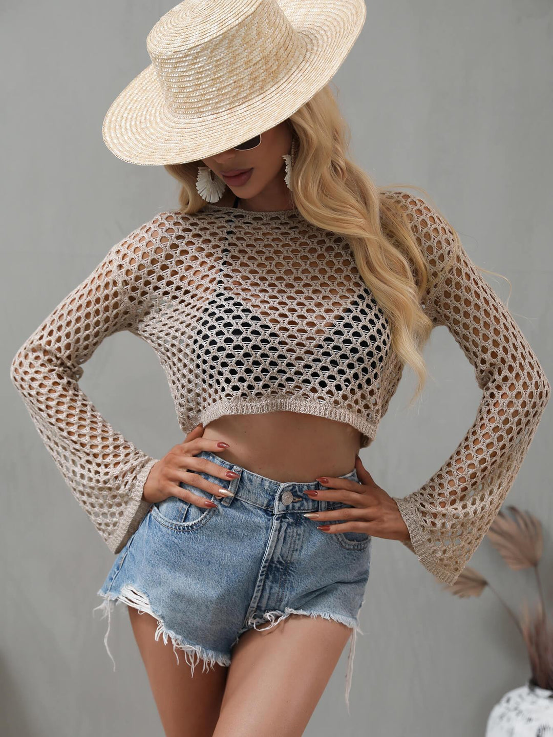 Openwork Flare Sleeve Cropped Cover Up - Trendha
