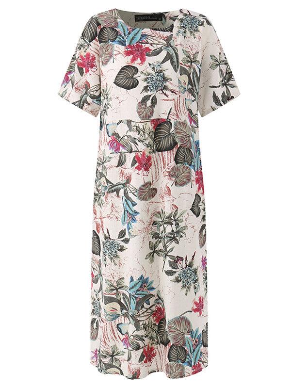 Women Vintage Retro Short Sleeve Cotton Floral Maxi Dress - Trendha