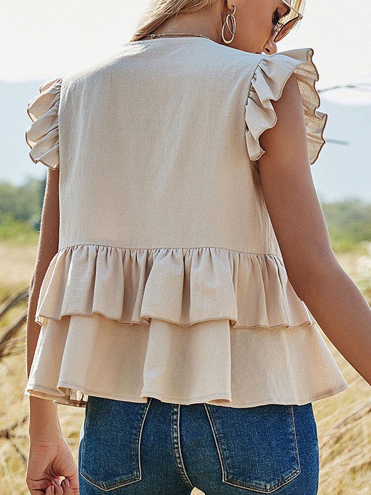 Solid Color Button Ruffle Sleeveless V-neck Patchwork Blouse For Women - Trendha