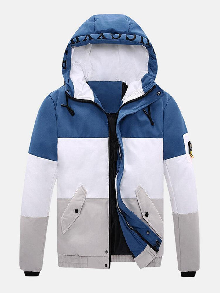 Mens Letter Print Color Block Patchwork Warm Hooded Puffer Jacket With Pocket - Trendha