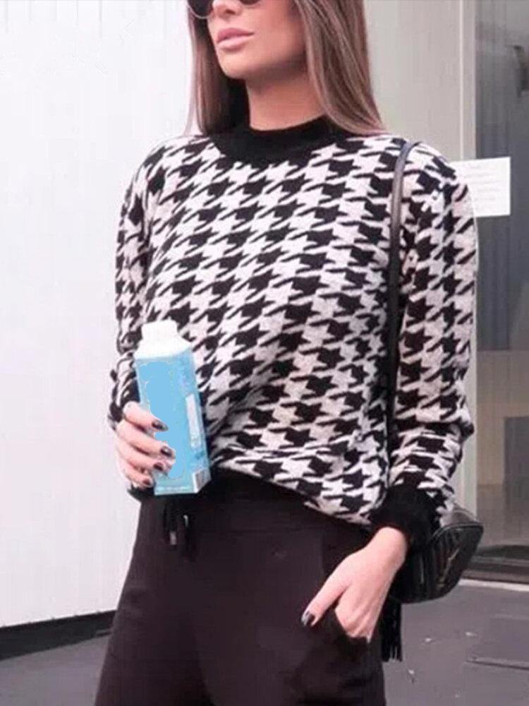 Women Houndstooth Knitting Pullover Long Sleeve Sweaters - Trendha