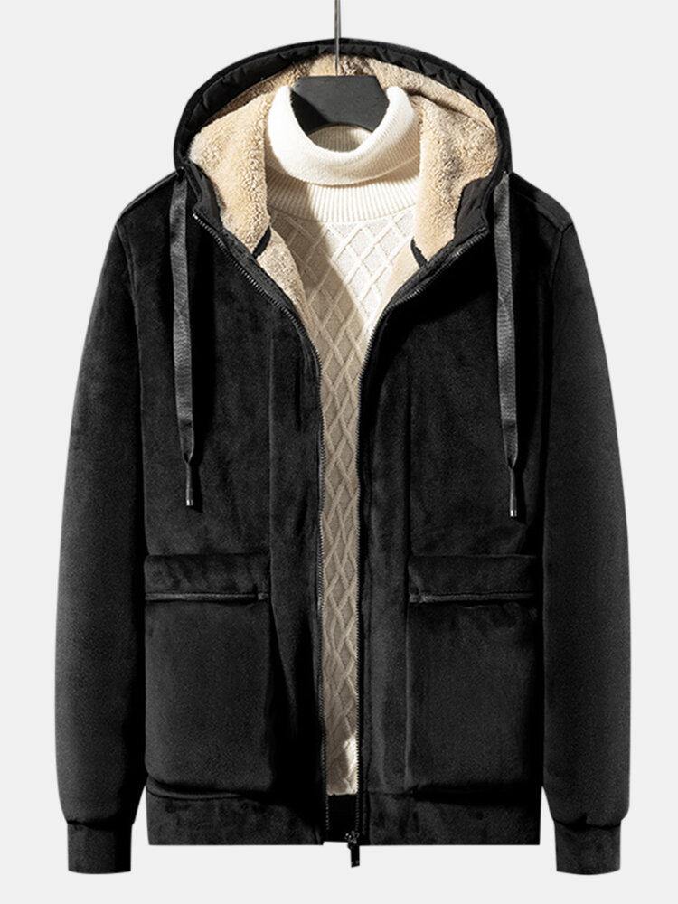 Mens Solid Color Velvet Sherpa Lined Warm Large Pocket Thicken Coats - Trendha