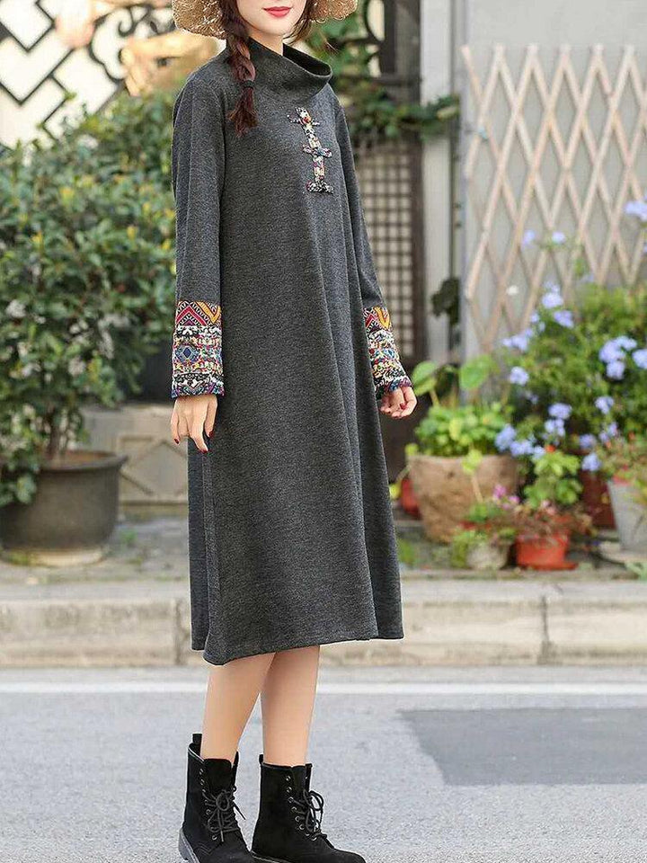 Women Embroidered Patchwork Frog Button Long Sleeve Retro Midi Dresses - Trendha