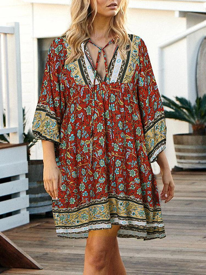 Ethnic Style Floral Print V-Neck Lace-Up Bohemian Holiday Casual Mini Dress For Women - Trendha