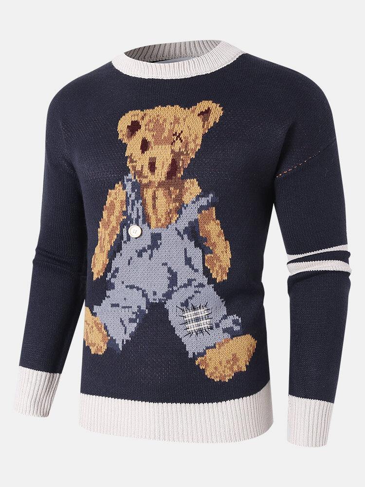 Mens Cartoon Bear Pattern Crew Neck Knit Pullover Sweaters - Trendha