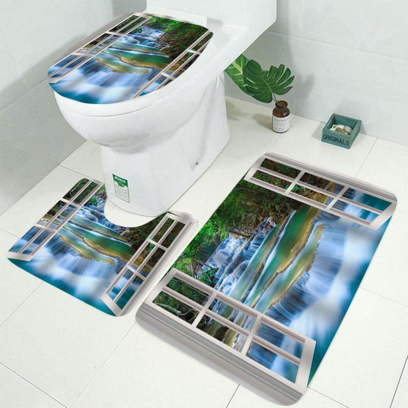 4 PCS Natural Landscape Painting Waterproof Bathroom Shower Curtain Kit Toilet Cover Bath Mat Anti-Slip Rug Sets - Trendha
